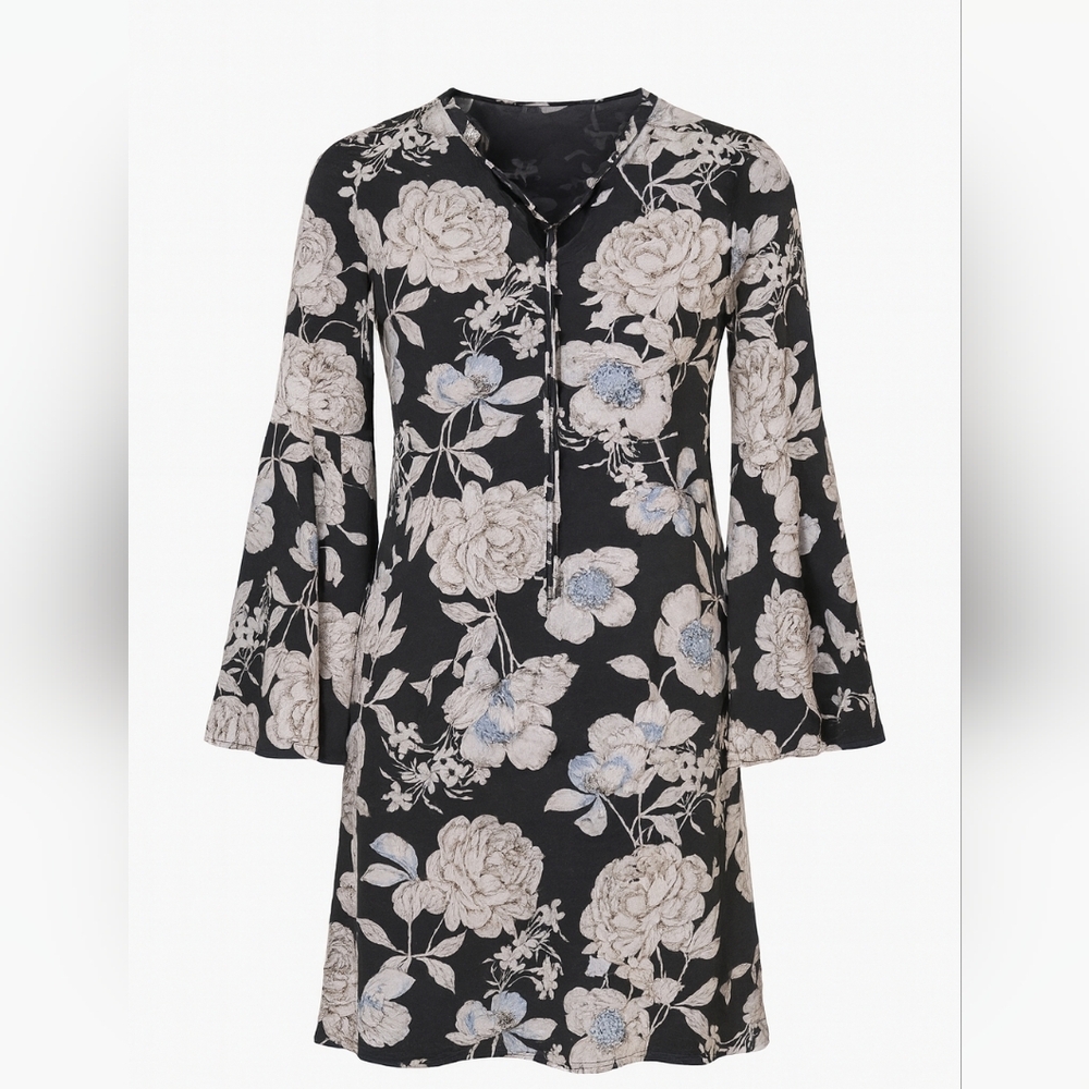 LuLu's Black and Cream Floral Dress Long Bell Sleeves Date Night Wedding